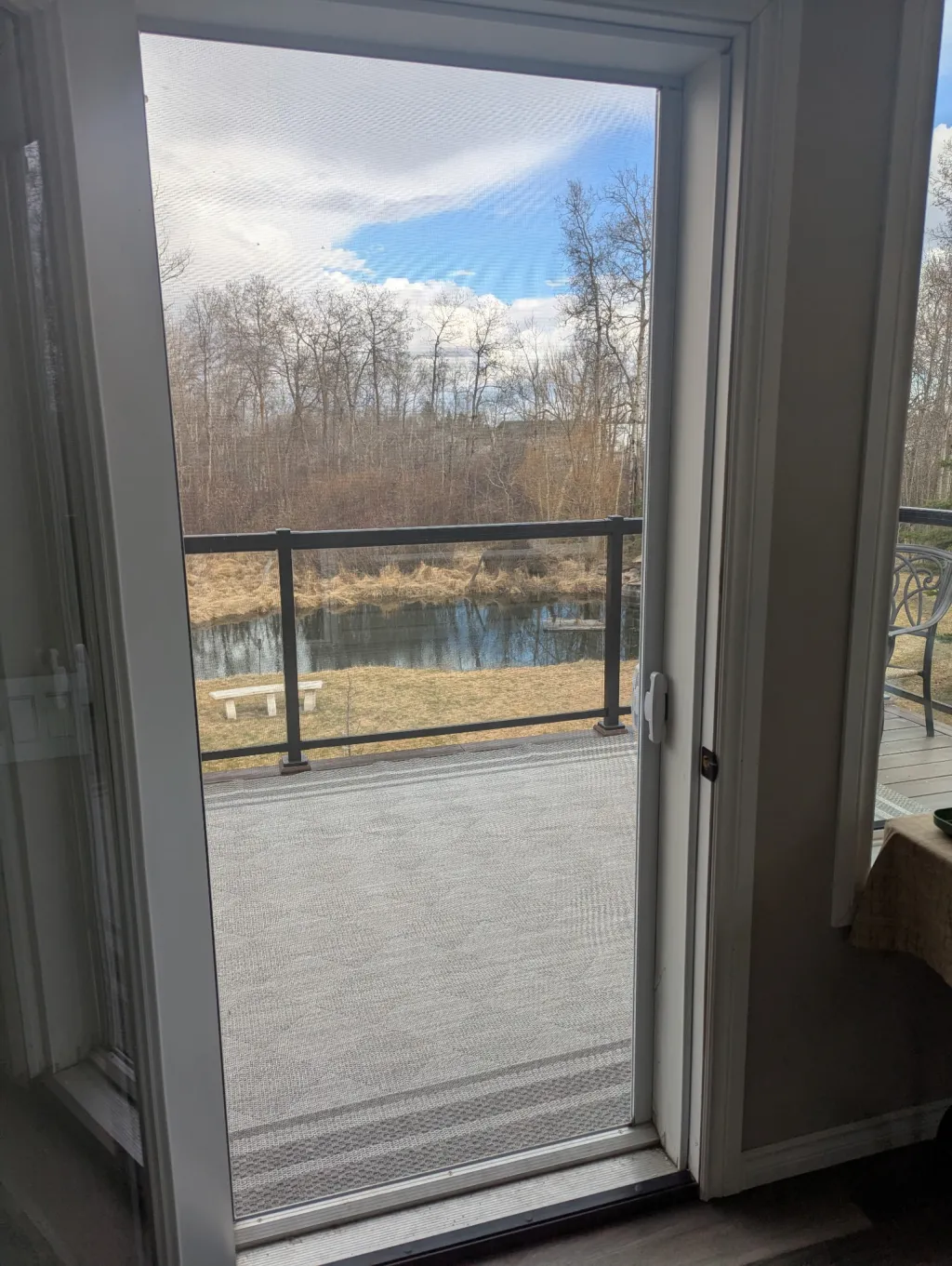 Retractable screen on patio door with view of pond and trees